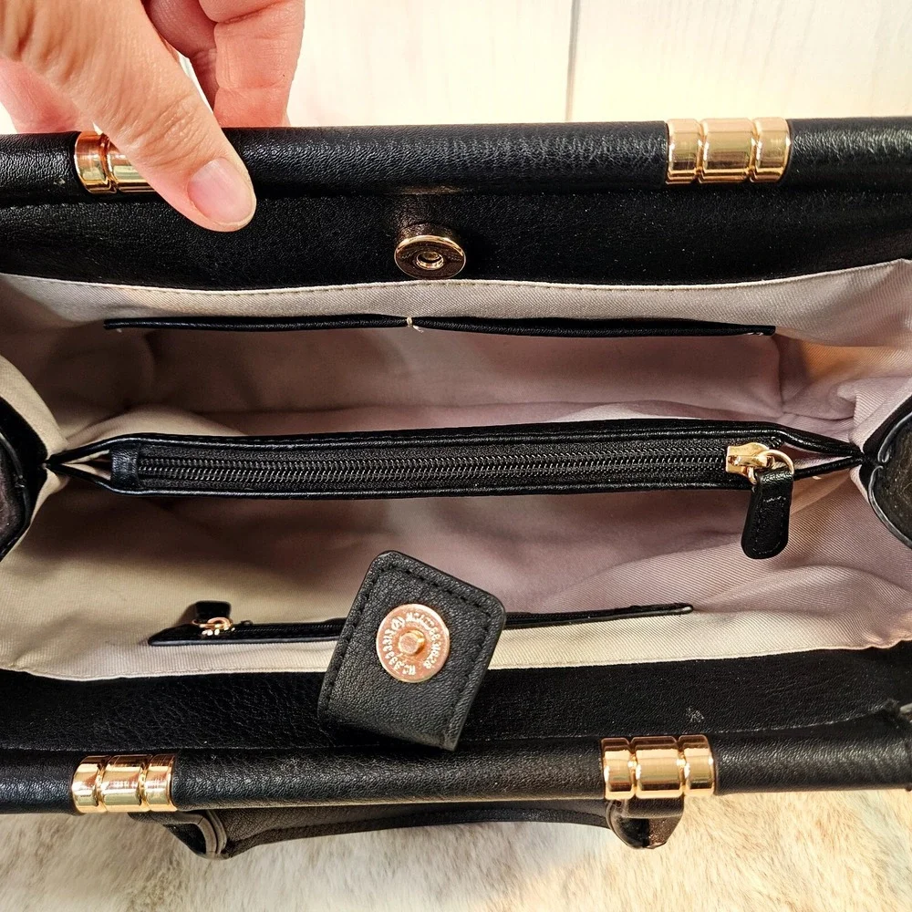 Lauren Conrad Black Faux Pebble‎ Leather & Suede Handbag Satchel Purse Rose Gold